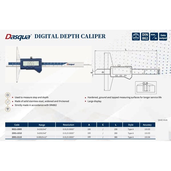 H & H Industrial Products Dasqua 0-150mm / 0-6" Digital Depth Caliper 9021-2005